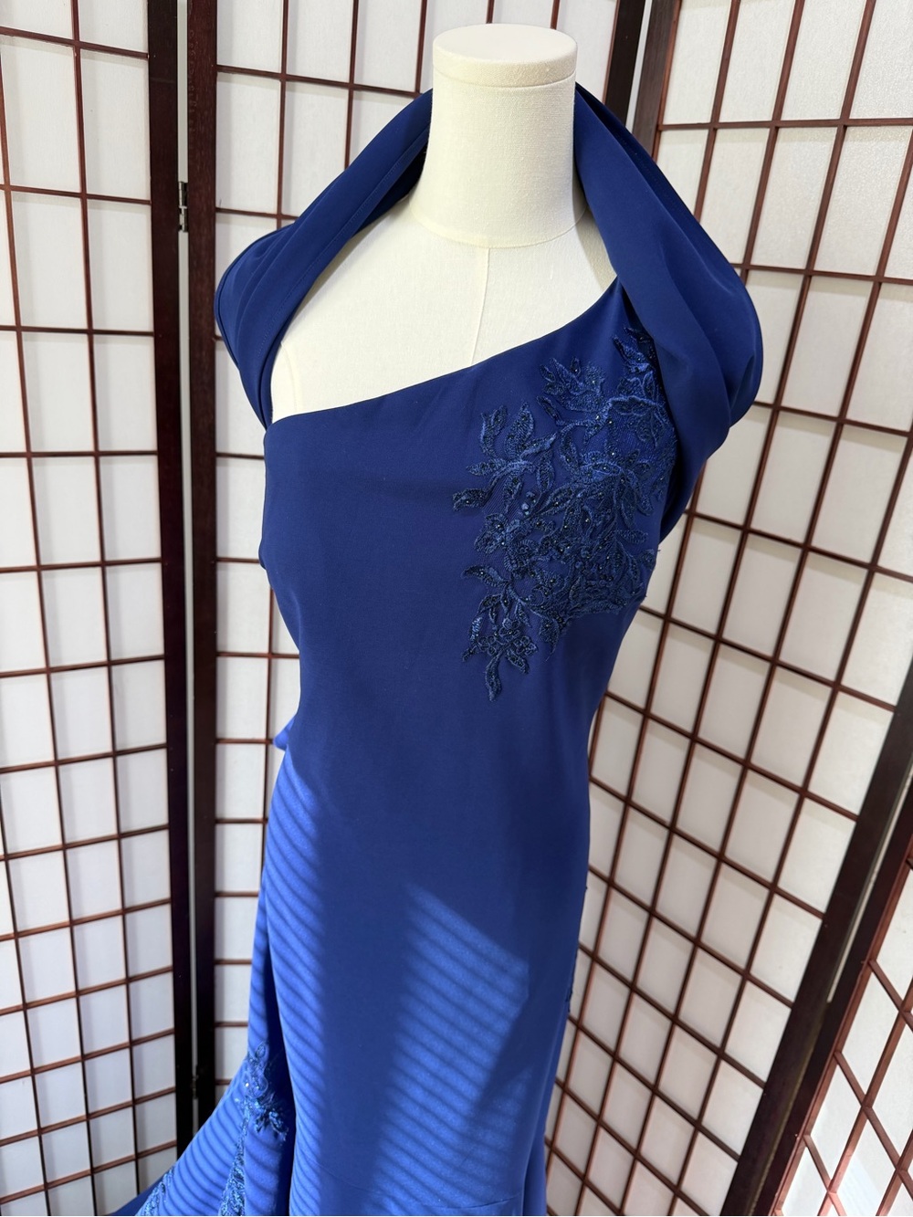 MGNY Navy Blue One-Shoulder Gown with Matching Shawl US Size 16